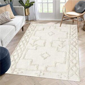 Uphome Boho Washable Rug 4' x 6', Beige Cotton Farmhouse Living Room Rugs